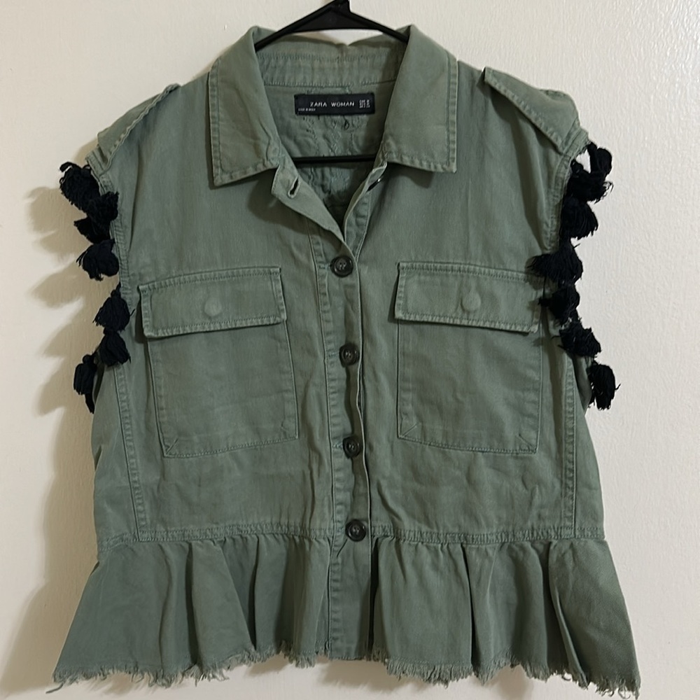 EUC Zara Beaded Embroidered Pom Pom Military Vest Medium - Picture 3 of 4